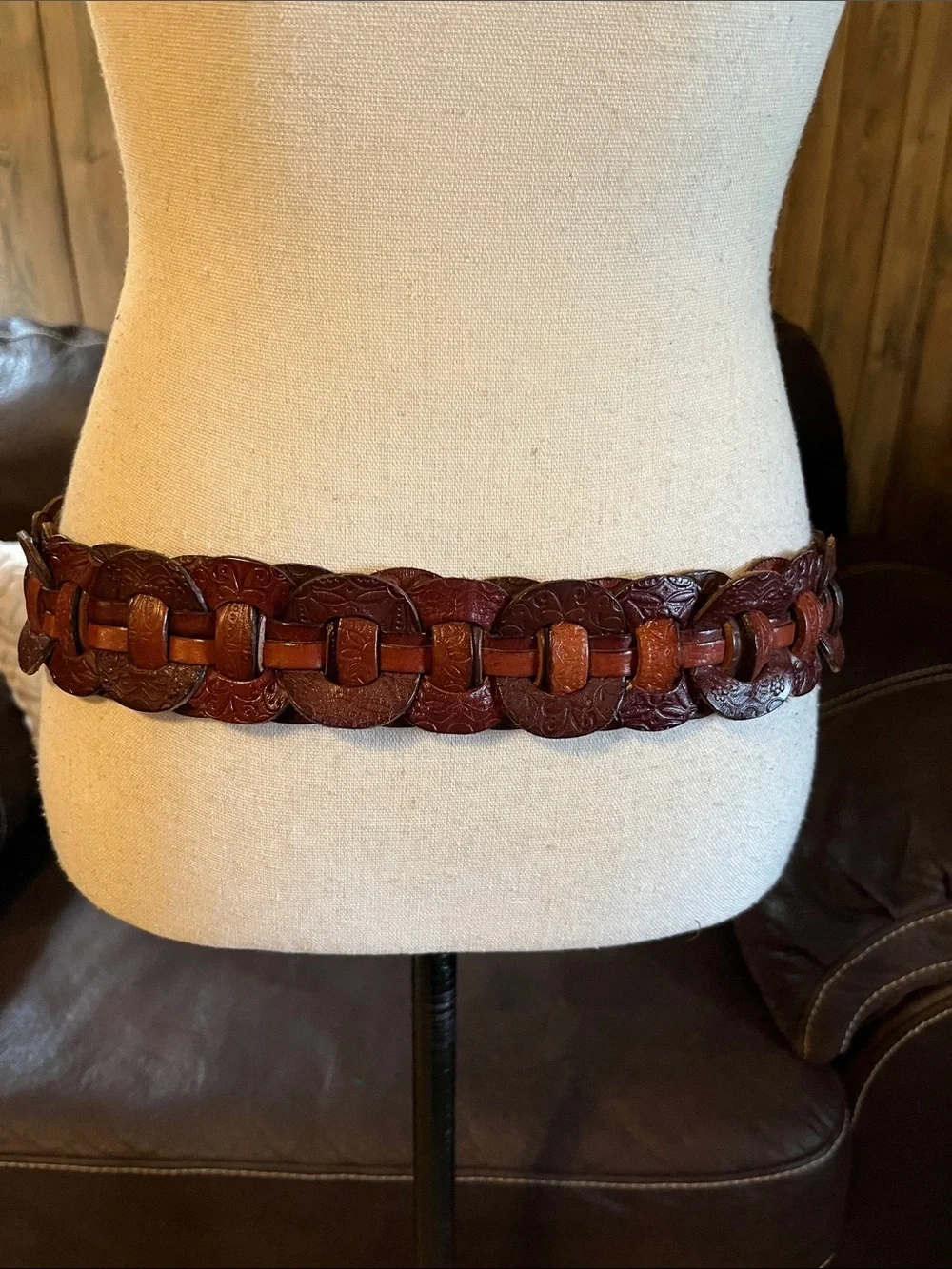 Fossil Tooled Chain Woven Belt Brown Leather Western Wide 2.75